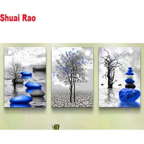 Blue stone Black White Tree Diamond Painting Modern Home Decor Abstract Wall Art Painting Nordic diamond embroidery 3 Panel