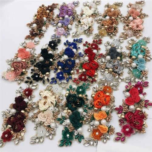 Hot selling 5pcs handmade 3d flower sew on applique embroidery rhinestone flower patch for evening dress