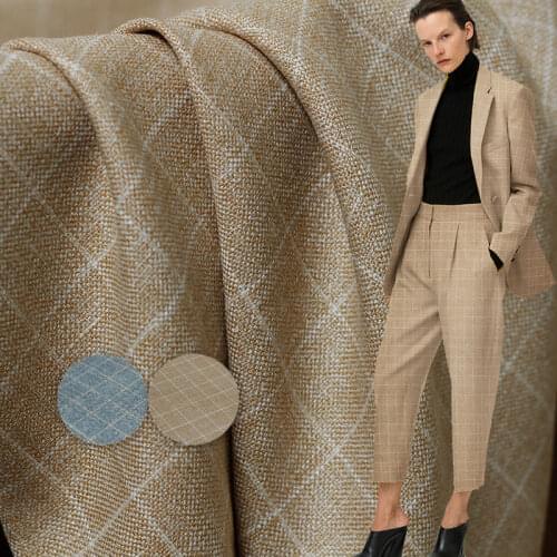 White Waxberry Plaid Yarn Dyed Worsted Wool and Linen Fabrics Materials Women Suit Jacket Sewing for Cloth Tailor Freeshipping