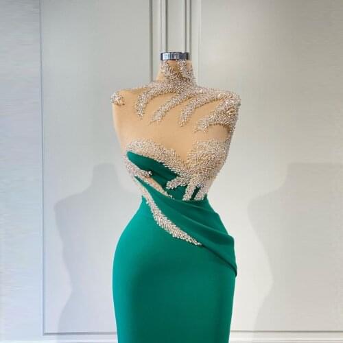 Elegant Green Crystals Prom Dresses High Neck See Thru Floor Length Long Evening Dressing Gowns Arabic Pageant Gown