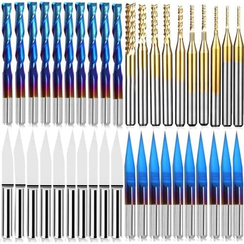 HOT-3.175mm End Mill Bits Set,1/8inch Shank CNC Router Bits Cutter Cutting Milling Tool Including 2 Flute Nano Blue Coat