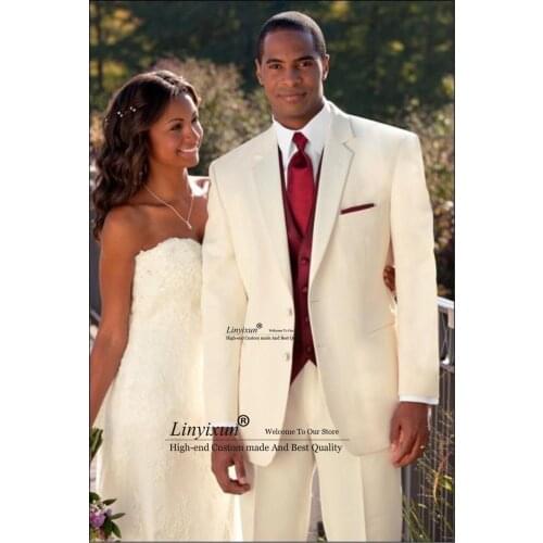 Custom Made Slim Fit Two Buttons Groom Tuxedos Ivory Best man Notch Lapel Groomsman Men Wedding Suits groom(Jacket+Pants+Vest)