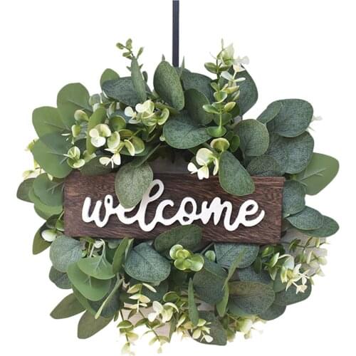 Artificial Eucalyptus Wreath Faux Green Leaf Wreath Retro Green Silk Fabric Foliage Home Decor for Door Wall Wedding Decoration