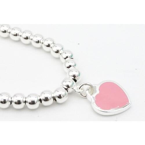 Classic Ladies S925 Sterling Silver Cyan Red Pink Heart-shaped Enamel 4mm Silver Bracelet Jewelry Couple Holiday Gift