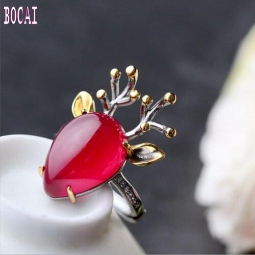 100% real solid silver set with red fused alumina 925 sterling silver ring sika deer adjustable index finger silver ring