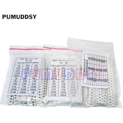 33ValuesX 20pcs=660pcs 0603 0805 1206 Resistor Kit Assorted 1R To 1M Ohm 1% SMD Sample Kit DIY 3.3R 5.1R 10R 47R 62R 82R 1K 10K