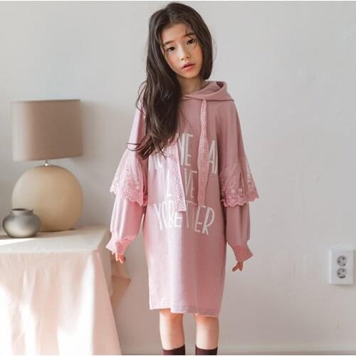 Lace Patchwork Little Girls Long Sleeve Dresses 2019 Autumn Hooded Kids Dresses for Girls Cotton Pullover Girl Pink Hoodie Dress
