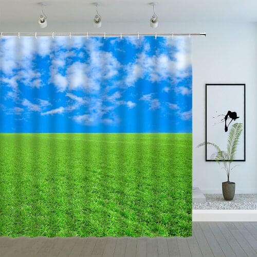 Green Meadow Landscape Shower Curtains Natural Scenery Plant Blue Sky View Bathroom Decor Fabric Hanging Curtain Set Cheap
