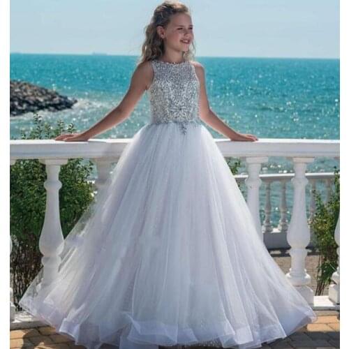 Cute Flower Girl Dresses For Weddings A-line Scoop Floor Length Tulle Beaded Long First Communion Dresses For Little Girls
