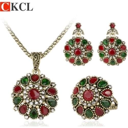 Fashion Vintage Ethnic Jewelry Crystal Flower Necklace Sets Fashion Earing For Women Turkish 3Pc Nigerian Red Bead Necklace