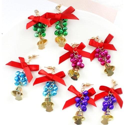 Fashion Christmas Gifts Earrings Mixed Color Jingle Bells Red Bowknot Long Earrings For Women Girls Drop Earring New Year Gifts