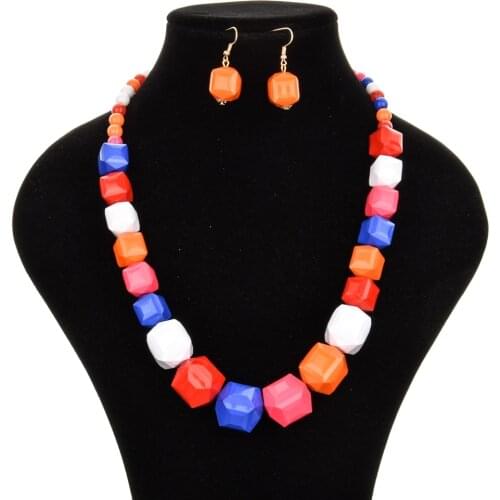 Fashion Womens Jewelry Sets 6 Candy Colors Geometric Acrylic Handmade Beads Long Necklace Drop Earrings Accessories Jewelry