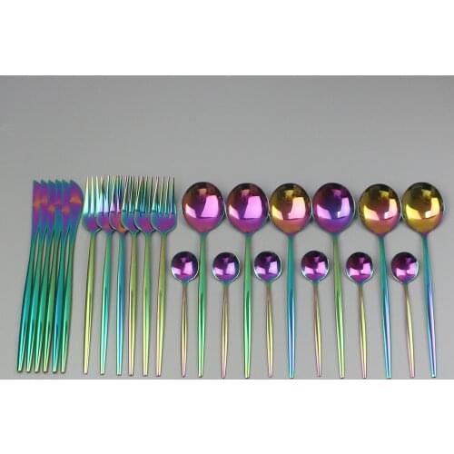 24Pcs Rainbow Stainless Steel Tableware Set Rainbow Cutlery Spoon Fork Knife Western Cutlery Silverware Dinnerware Set Supplies