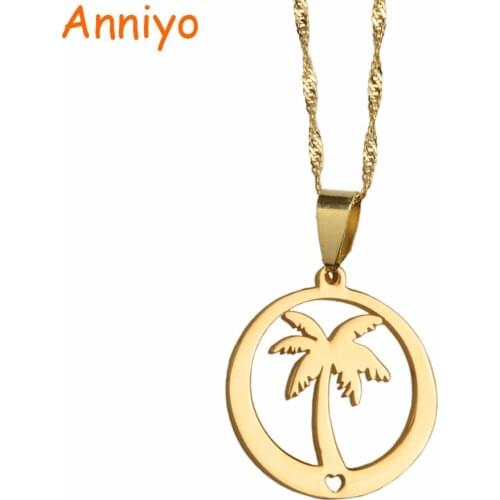 Anniyo Coconut Tree Pendant Necklaces for Women Girls Gold Color Stainless Steel Island Jewelry #031721P