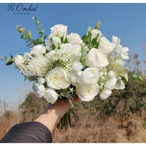 PEORCHID Green White Rose Bridal Bouquet De fleur Mariee Wedding Accessories Artificial Bridemaid flowers Hand Bouquet 2021