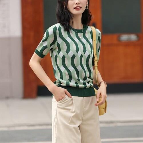 Pullover Womens Knitwear Sweater Striped Short Sleeve Summer Loose Top Crew Neck Sweater Women