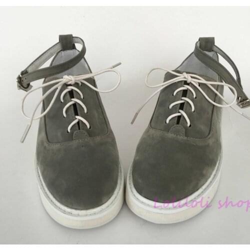 Princess lolita grey shoes White background Grey suede Muffin bottom Belt buckle customized large size shoes Handmade an1284