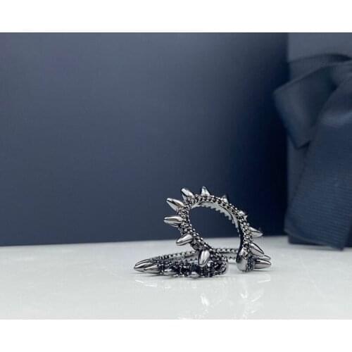 SLJELY Fashion Real 925 Pure Sterling Silver Black Spike Double Hoop Sliding Ear Bone Cuff Zirconia Clip Earring 1pc for Women