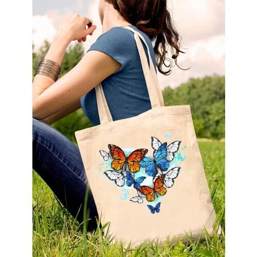Ladies Handbags Cute Butterfly Canvas Tote Bag Shopping Travel Women Eco Reusable Shoulder Shopper Bags High Capacity Tote Bags