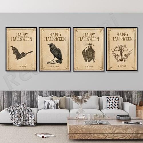 Retro halloween decoration, halloween crow, frog, bat wall art, happy halloween, halloween creepy decoration home party poster