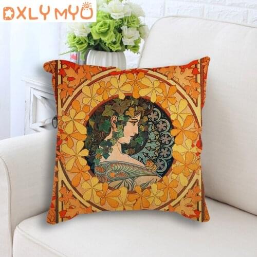 Vintage European Art Throw Pillow Nouveau Mucha Gallery Decorative Cushion Sofa Beautiful Girl Cotton Linen Seat Cushion 45x45