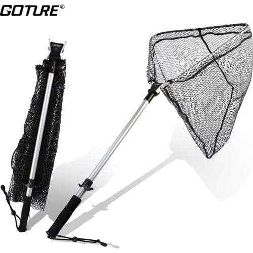 Goture Automatic Folding Fishing Landing Net 86cm 1M 1.08M Rubber Nylon Mesh Aluminum Alloy Yoke Durable Trout Bass Landing Net