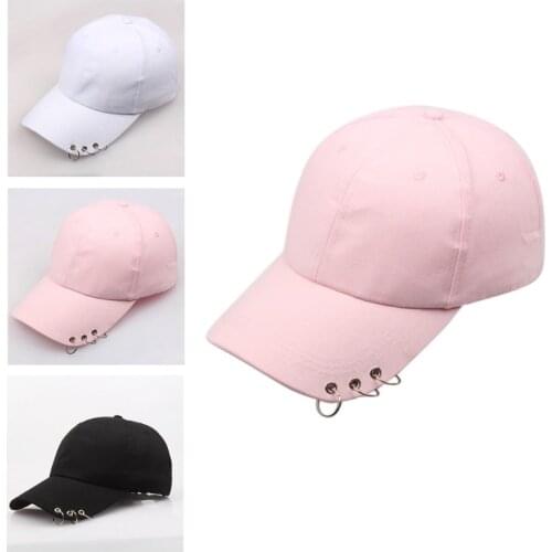 Women Men Korean Harajuku Cotton Baseball Cap with 3 Metal Rings Hip Hop Street Solid Color Adjustable Snapback Dad Hat