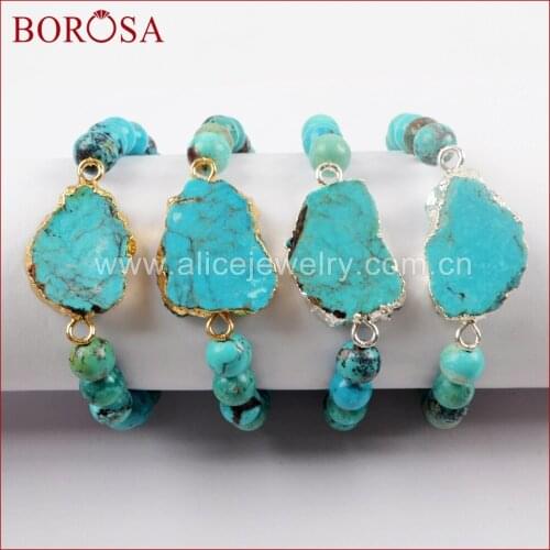 BOROSA 2/3PCS Gold/Silver Color Natural Turquoises Slice Connector With 8mm Blue Beads Bracelets for Handmade Jewelry 1625