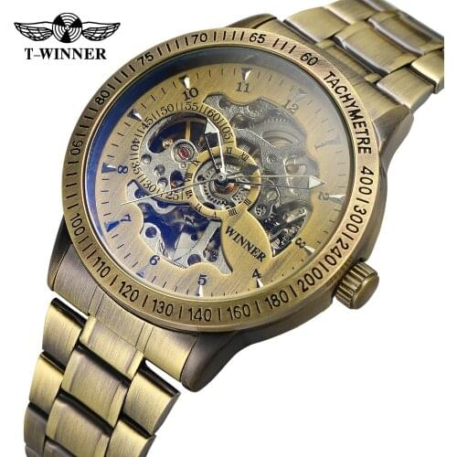 Winner Men Skeleton Automatic Mechanical Watch Gold Vintage Man Full Steel Wristwatch Mens Steampunk Watch Relogio Masculino