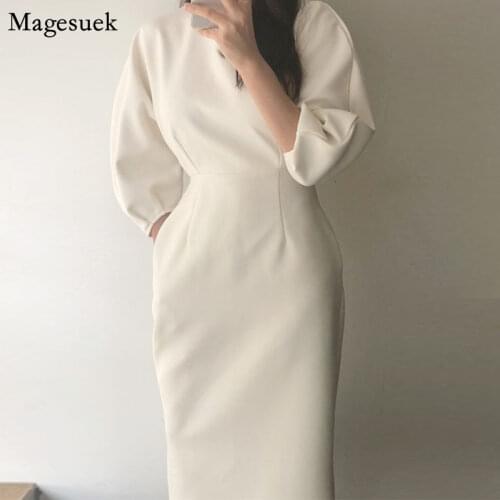 Elegant Ladies Office Dress Women 2021 New Fashion Sexy Solid Midi Dress Woman Puff Sleeve Summer Long Dresses Vestidos 12089
