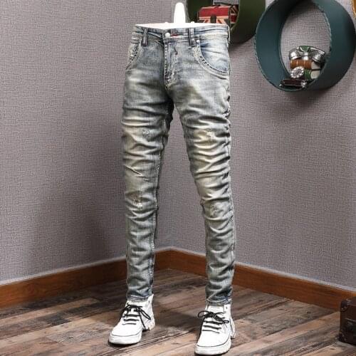 European Vintage Fashion Men Jeans Retro Wash Elastic Slim Fit Ripped Jeans Men Distressed Designer Casual Cotton Denim Pants