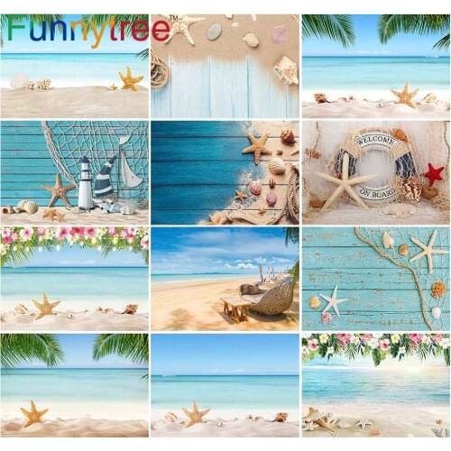 Funnytree Summer Tropical Sea Beach Sand Starfish Shell Coral Palms Tree Photography Backdrop Child Holiday Aquarium Background