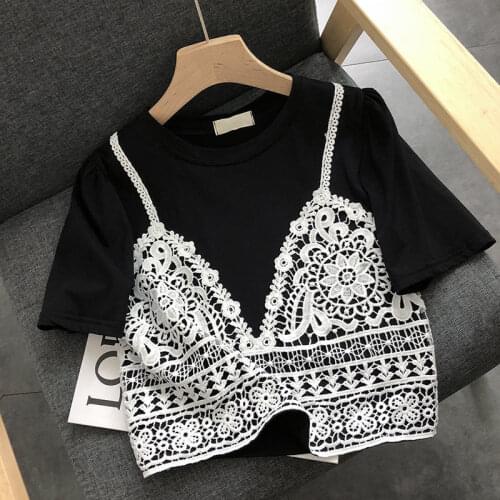 Short Short Sleeve T-shirt Womens Fat Mm200 Jin Summer Internet Celebrity Same Fake Two-Piece Lace Stitching Ins Super Hot Top