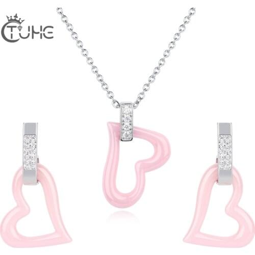 Heart Ceramic Jewelry Set Romantic Pink Stud Earrings Pendant Necklace For Women Elegant Enagement Party Fashion Jewelry Sets