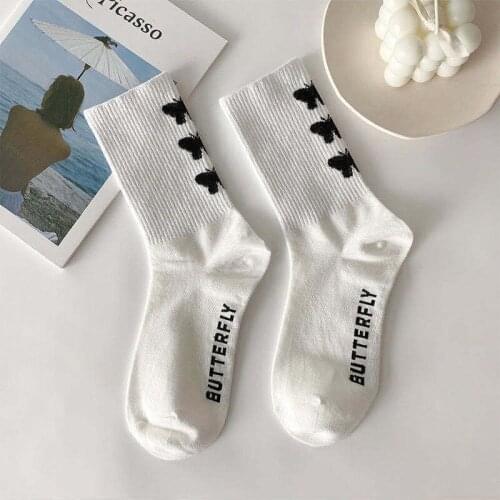 Cartoon Socks Cute Bow Print White Black Calcetines Funny Fall Harajuku Fashion Women Skarpetki Damskie Woman Chaussette Femme