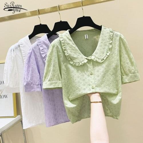 Summer New 2021 Short Sleeve Loose Women Tops Doll Collar Solid Casual Shirt Sweet Hollow Flower Lace Blouse Puff Sleeve 14954
