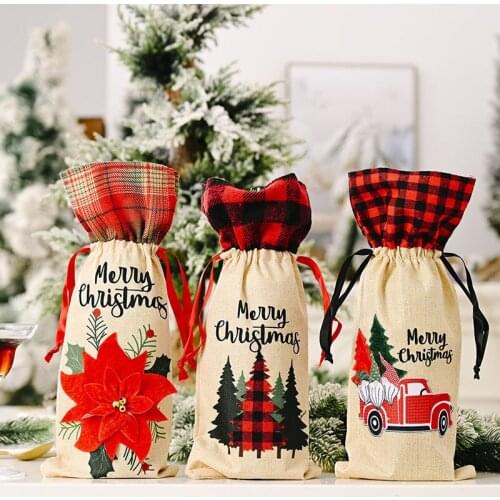 New Christmas Creative Linen Big Red Plaid Car Bag Champagne Bottle Set Holiday Table Layout Party Decoration