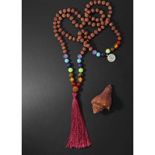 OAIITE 7 Chakra Rudraksha Mala Necklace Yoga Meditation 108 Mala Bodhi Bead Necklace