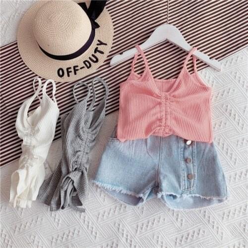 2021 Girls Drawstring Pleated Thin Shoulder Belt Cotton Vest for Children Princess Sling