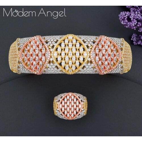 Luxury Ginkgo Leaf Nigeria Bangle Ring Set Jewelry Set For Women Wedding Cubic Zircon Crystal CZ Dubai Bridal Jewelry Sets