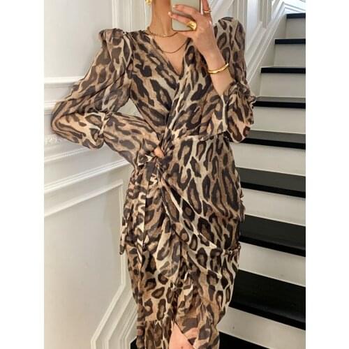 Sexy leopard dress women vintage spring summer long-sleeved V-neck wrap dress ladies casual leopard print long dress