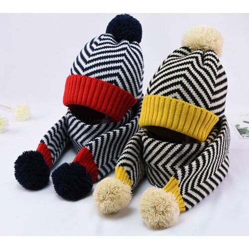 2021 Winter Warm Knit Hat And Scarf Kids Stripe Hat 2 Piece Set Boy Girl Patchwork Ear Protection Cap With Pom Pom Child Scarves