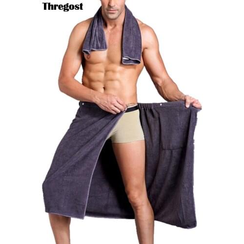 Thregost Men Wearable Bath Towel Microfiber Wrap Shower with Pocket Quick Dry Rectangle Solid Swimming Beach Blanket Adjustable