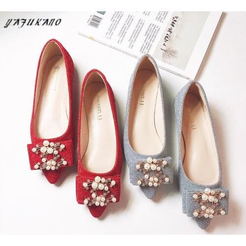 Women Wedding Shoes Chinese Red Pointed Toe Sequin Cloth Flat Heel Shoes Banquet Slip on Soft Sole Plus Size 41 42 43 44