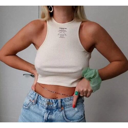 Letter Print Slim Crop Top Women Casual Summer Off Shoulder Basic Sexy White Ribbed T Shirt Fashion Sleeveless Tank Tops 2021