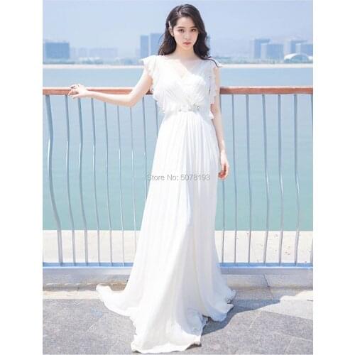 8143 V-neck cap-sleeves natural straight floor-length chiffon Evening dresses/Celebrity gowns 2019 beach&pleat free shipping