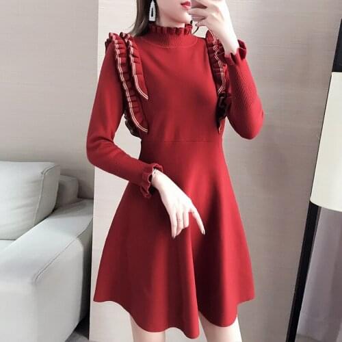 Vintage Knitted Dress Women Casual Long Sleeve Turtleneck Sweaters Dress 2019 Autumn Winter Ruffles A-line Mini Dress Vestidos