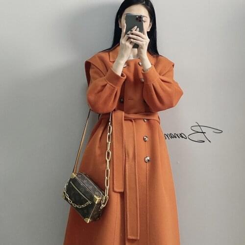 2021 new fashion British temperament high-end atmospheric windbreaker coat womens medium and long coat knee length double-sided