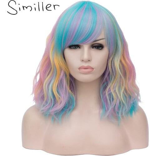 Similler Women Kinky Curly synthetic Hair Short Bob Wig For Cosplay Halloween Colorful Rainbow Wigs Heat Resistant Fiber 6 Style