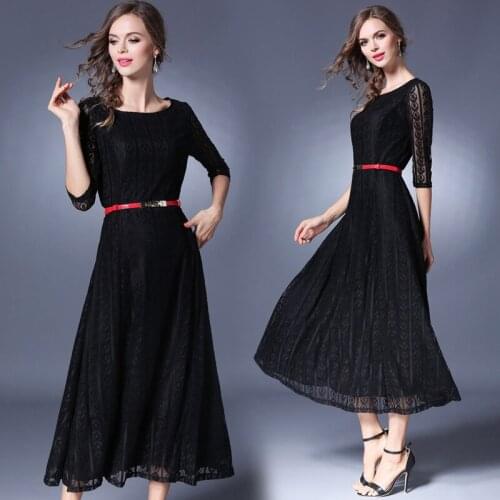 Women Dresses 2019 New Sprint Casual Half Sleeve Hollow Out Sexy Lace Dress Elegant Solid Party A-Line Dresses Female Vestidos